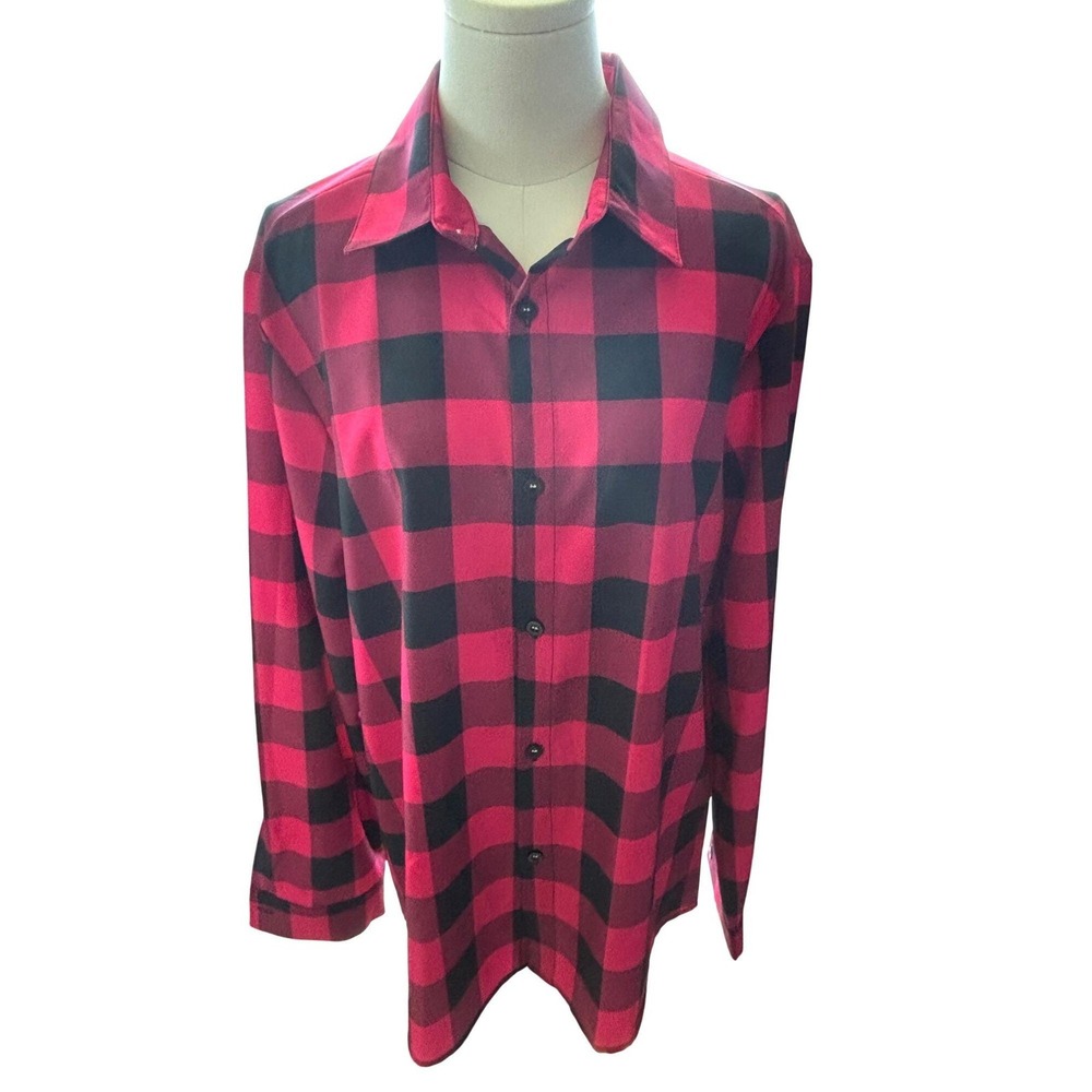 Womens Red & Black Plaid Button Down Shirt Long Sleeve Collared Top Casual  L
